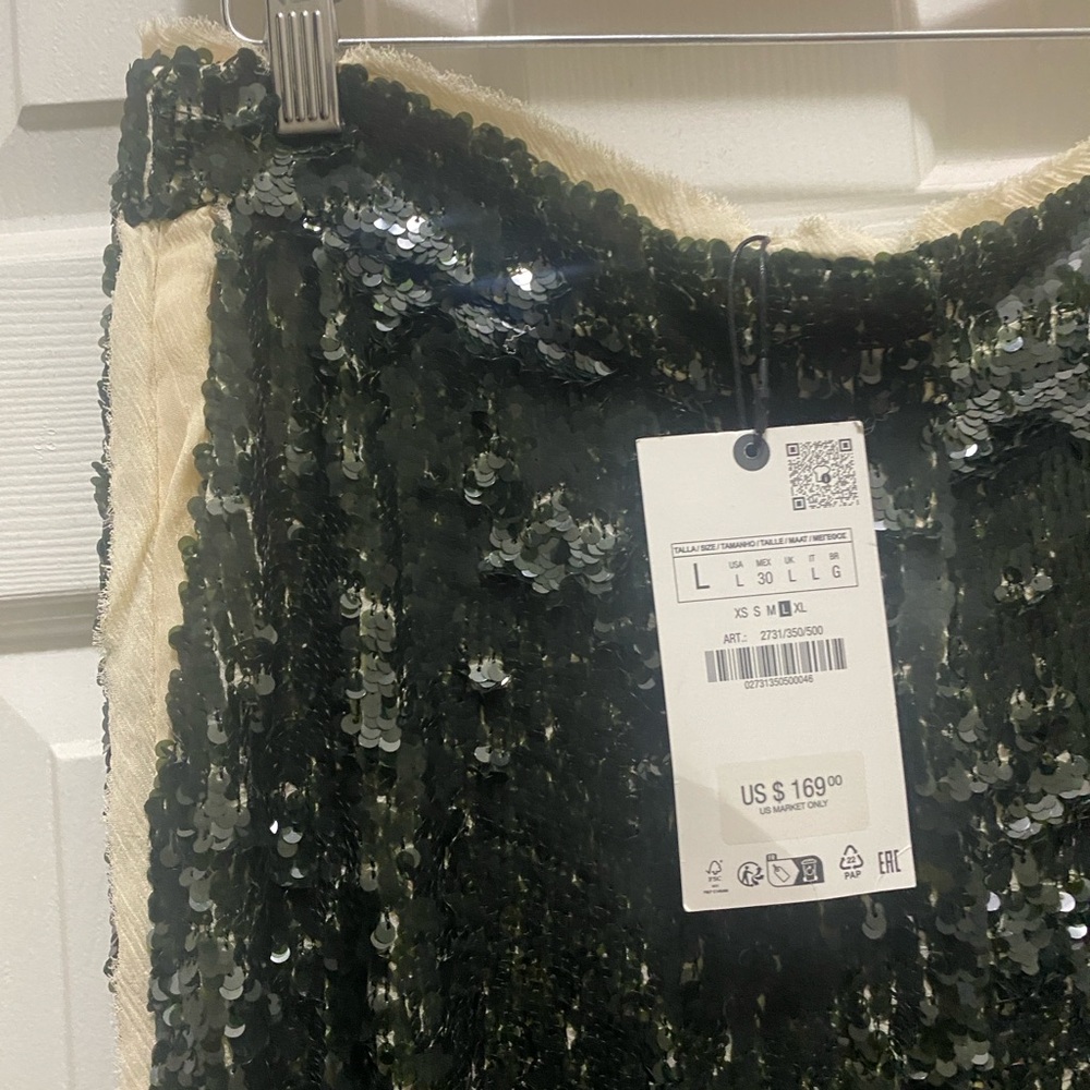 Zara Dark Green Sequin Pants With Crean Stripe down legs - Picture 3 of 4